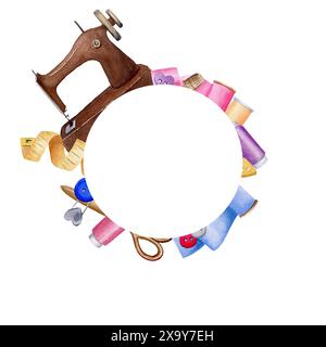 Carte à coudre avec espace de copie rond. Cadre carré géométrique avec articles à coudre. Illustration d'aquarelle sur fond isolé blanc pour les cartes de visite, Banque D'Images