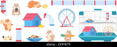 EQUIPEMENT pour hamster. Hamsters de dessins animés, outils de cage pour jouer, manger, boire et s'entraîner. Animaux domestiques moelleux gras, roue de course, graines de nos jours Illustration de Vecteur