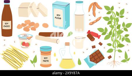 Aliment à base de soja. Boissons et produits de soja, plantes de soja. Farine et pâte, yaourt végétarien, chocolat et lait. Ensemble de vecteur décent de cuisine asiatique Illustration de Vecteur