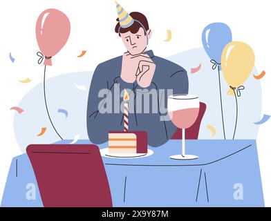 Seul à l'anniversaire. Jeune homme assis à table avec du gâteau et du vin. Garçon triste ou sombre, homme célibataire rappelant ses amis et sa famille, scène vectorielle kicky Illustration de Vecteur