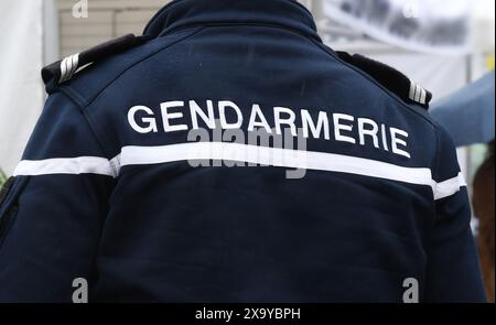 gros plan sur l'uniforme d'un bras de gendarme français vu de derrière lors d'une opération de police Banque D'Images