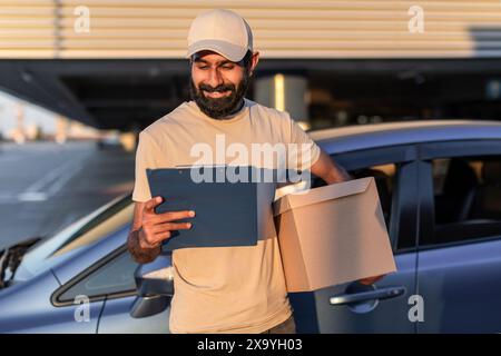 Boîte et presse-papiers du chauffeur de livraison souriante dans le parking Banque D'Images