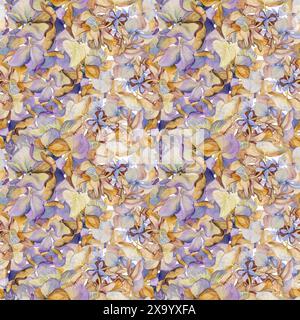 Illustration à l'aquarelle dessinée à la main feuilles de fleurs botaniques boho shabby. Hydrangea hortensia Purple inflorescence flétrie. Modèle sans couture isolé Banque D'Images