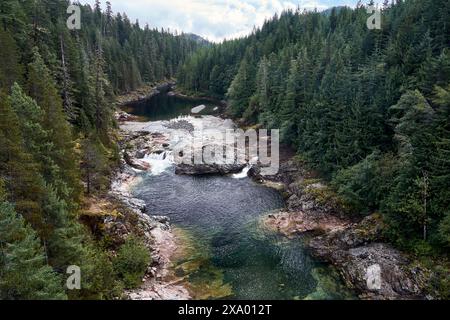 Vue depuis un pont d'un lit de rivière rocheux avec une rivière vert bleu vif se précipitant parmi les rochers entourés d'une forêt verte dense. Banque D'Images