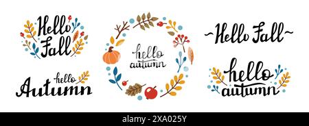 Cadre rond décoratif avec des éléments d'automne et lettrage HELLO AUTUMN. Illustration vectorielle. Lettrage d'automne Illustration de Vecteur