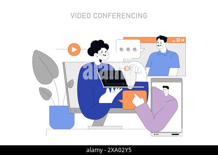 Concept de visioconférence. Une représentation vibrante des réunions en ligne, où la distance n'est pas un obstacle au travail d'équipe et à la collaboration. Discussions numériques interactives simplifiées. Illustration vectorielle. Illustration de Vecteur