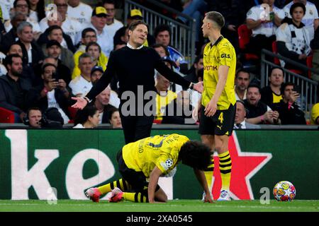 Edin Terzic entraîneur-chef du Borussia Dortmund réagit lors du match de finale de la Ligue des Champions 2023/2024 entre le Borussia Dortmund et le Real Madri CF au stade de Wembley à Londres (Angleterre), le 1er juin 2024. Banque D'Images