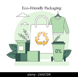 Concept d'emballage écologique. Mode durable et style de vie zéro déchet avec des sacs et des vêtements réutilisables. Recyclage, matières organiques et conscience écologique. Illustration vectorielle. Illustration de Vecteur