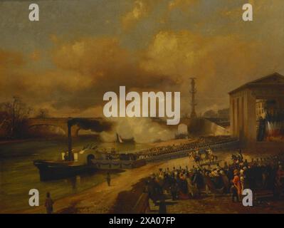 "L'arrivée des restes mortels de Napoléon à Courbevoie". Tableau de Luigi Riccardi (1808-1877), 1841. Le 14 décembre 1840, la Dorade ancre sur le quai de Courbevoie sur la Seine, sur les rives duquel les gens s'étaient rassemblés pour rendre hommage à Napoléon. Le lendemain a eu lieu la cérémonie d'enterrement. Huile sur toile. Musée du Risorgimento. Milan. Italie. Auteur : Luigi Riccardi (1808-1877). Peintre italien. Banque D'Images