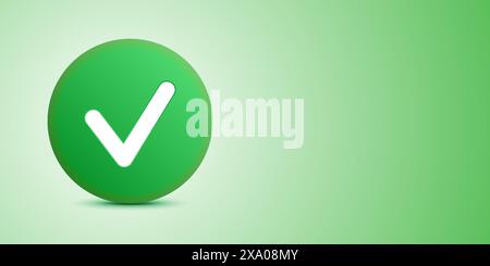 Un grand cercle vert avec une icône de coche blanche, debout sur un fond dégradé vert clair, symbolisant la confirmation ou l'approbation, bannière vectorielle avec espace de copie. Illustration de Vecteur