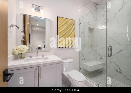 Salle de bains avec comptoir en marbre, luminaires blancs et touches de marbre Banque D'Images