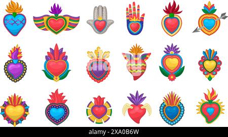 Symboles mexicains. Coeurs décoratifs en flamme et couronne symboles de modèle vectoriel récents dans un style plat Illustration de Vecteur