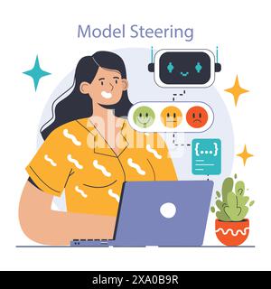 Les ingénieurs-prompts écrivent une commande à un réseau de neurones artificiels. Développement de l'intelligence artificielle. Caractère utilisant l'IA pour créer un texte ou une image. Illustration vectorielle plate Illustration de Vecteur