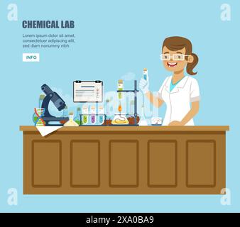 Microscope de laboratoire chimique tubes à essai Professeur de science chimique faisant des expériences Illustration de Vecteur