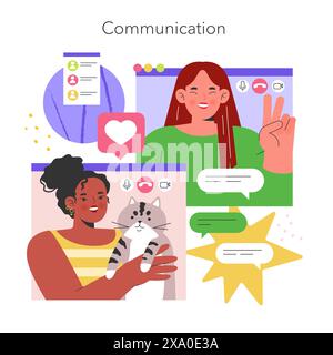 Concept de communication. Des personnes diversifiées qui s'engagent dans une interaction numérique moderne avec des éléments de chat textuel et vidéo. Réseautage social en ligne et amitié. Illustration vectorielle. Illustration de Vecteur