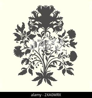 Mughal Art est une fleur traditionnelle de bouquet de silhouette d'ornements floraux. Un motif noir sur un fond clair, élément isolé. Fantaisie traditionnelle Illustration de Vecteur