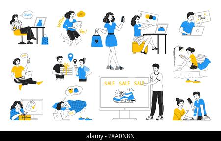 Achats en ligne. Vente en magasin. Boutique en ligne. Doodle personnages. Personnes heureuses avec des smartphones. Femme faisant des achats. Homme payant l'ordre. Courie Illustration de Vecteur