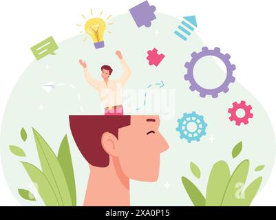Dégagement de la tête. L'homme nettoie le cerveau géant, la personne jette vos pensées la mémoire de nettoyage de soi soins de conscience de l'esprit, nettoyer l'espace mental ordre intérieur penser détox illustration vectorielle de la tête propre Illustration de Vecteur
