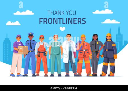 Travailleurs essentiels. Travail d'équipe professionnel de première ligne, groupe de personnes de profession de héros dans le travail de service plombier de prestation de soins de santé uniforme de police, illustration vectorielle du professionnel de la profession Illustration de Vecteur