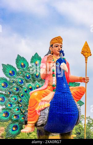 Statue bleue du Seigneur Shiva assise avec une peau de tigre, tenant un trident et affichant un geste de bénédiction. Orné de serpents et de perles, ce vibrant Banque D'Images