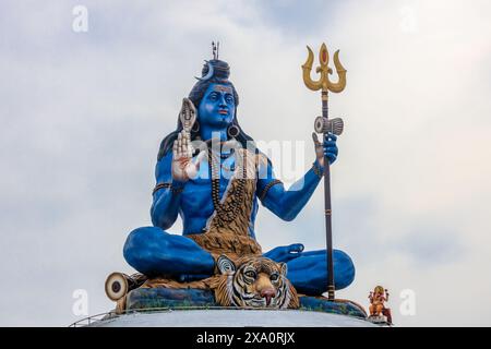 Statue bleue du Seigneur Shiva assise avec une peau de tigre, tenant un trident et affichant un geste de bénédiction. Orné de serpents et de perles, ce vibrant Banque D'Images