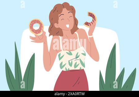 Femme mangeant des beignets. Fille adolescente affamée manger une collation sucrée de sucre de beignet, manger des bonbons de nourriture satisfaite de beignet calories de régime alimentaire de surexploitation illustration vectorielle de trouble de stress Illustration de Vecteur