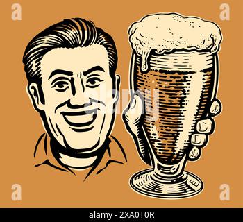 Heureux homme souriant avec verre de bière moussante. Affiche publicitaire rétro bière. Illustration vectorielle dans le style comique pop art Illustration de Vecteur