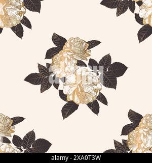 Motif demi-goutte de luxe sans couture avec des roses blanches et dorées et des feuilles gris foncé sur blanc. Idéal pour les textiles, les surfaces, les papiers peints, les papiers d'emballage, les tissus, tirages. Illustration de Vecteur