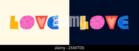 Concept d'inscription décorative abstraite d'amour. Graphiques modernes et colorés, lettres romantiques pour carte de vœux. Logo de vacances créatif tendance positif. Texte de célébration écusson EPS lumineux Illustration de Vecteur