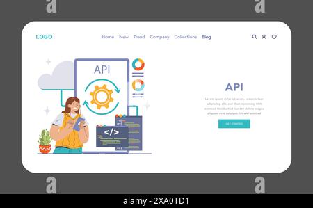 Concept de technologie API où un développeur ciblé s'engage avec des interfaces de programmation d'applications, symbolisant l'intégration logicielle rationalisée. Illustration vectorielle plate Illustration de Vecteur