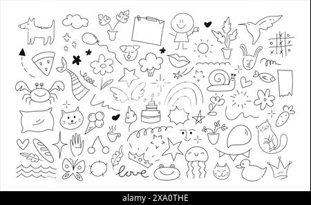 Collection Childish Doodle Outline Elements. Animaux dessinés à la main, plantes et objets dans le style gribouillage. Illustration vectorielle Illustration de Vecteur