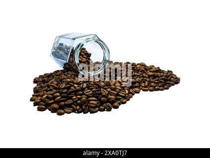 Un gros plan de grains de café dans un bocal sur fond blanc Banque D'Images