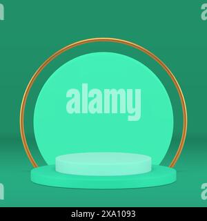 piédestal de podium de luxe vert 3d avec fond de mur de cercle pour l'illustration vectorielle réaliste de présentation. Affichage de cylindre élégant haut de gamme avec or Illustration de Vecteur