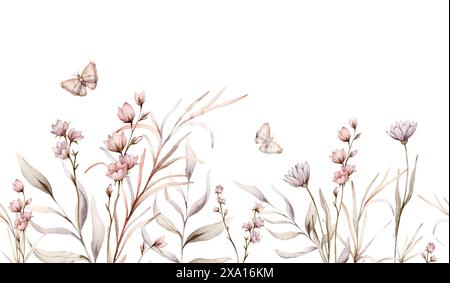 Bordure d'aquarelle sans couture avec des fleurs roses et violettes et des feuilles dans un style vintage. Bannière sans couture avec des plantes et des papillons dans des couleurs pastel calmes Banque D'Images