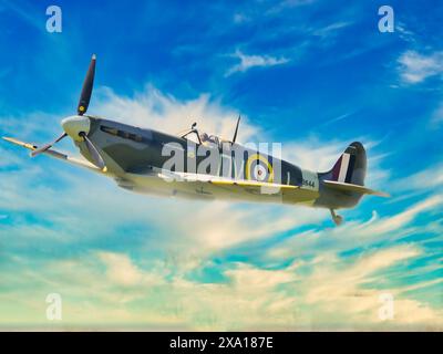 WW2 Supermarine Spitfire escalade dans le ciel bleu Banque D'Images