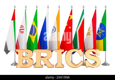 Le sommet BRICS marque les drapeaux avec tous les nouveaux membres BRICS. Rendu 3D isolé sur fond blanc Banque D'Images