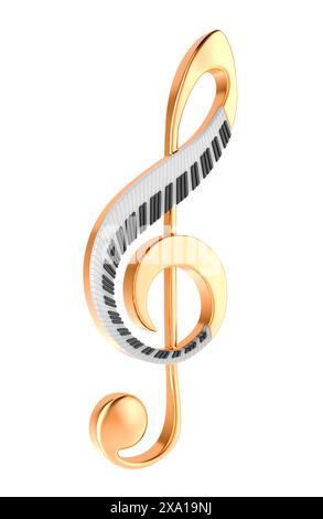 Note de musique Golden Treble clef avec clavier de piano, rendu 3D isolé sur fond blanc Banque D'Images