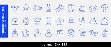 Icônes d'avantages exclusifs. Ensemble d'icônes de ligne de programme de fidélité avec étoile, diamant, client vip, bon cadeau, coupon de réduction, échangez des points, un prix, une carte de membre. Symbole bonus spécial. Cashback, économisez de l'argent. Illustration de Vecteur