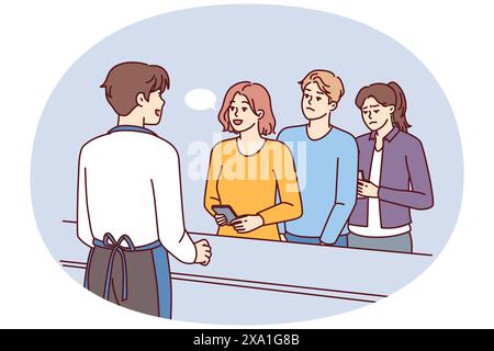 Une femme tranquille qui parle à la caisse en ignorant la file d'attente des clients dans un café ou un magasin d'alimentation contraints de perdre du temps. Homme serveur caissier servant les clients nerveux en raison de la longue attente dans la file d'attente Illustration de Vecteur