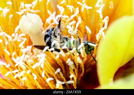 Une minuscule femelle bicolore verte métallique Agapostemon virescens sueur abeille collectant activement des charges de pollen qu'elle utilisera pour approvisionner son nid. Banque D'Images