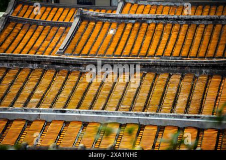 Un toit en bois finement sculpté avec de nombreuses teintes orange Banque D'Images