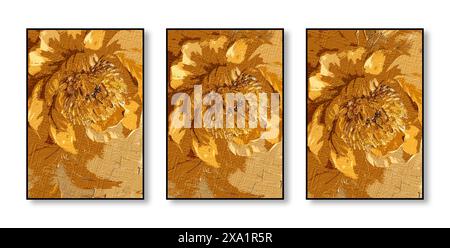 Mur de fond d'art élégant, combinaison de couleurs, art, aquarelle, fleurs, feuilles, géométrie, plantes, éléments dorés, abstrait, triptyque, texture, Banque D'Images
