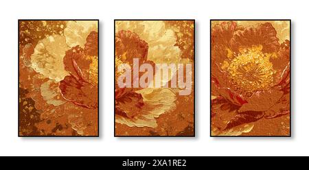 Mur de fond d'art élégant, combinaison de couleurs, art, aquarelle, fleurs, feuilles, géométrie, plantes, éléments dorés, abstrait, triptyque, texture, Banque D'Images