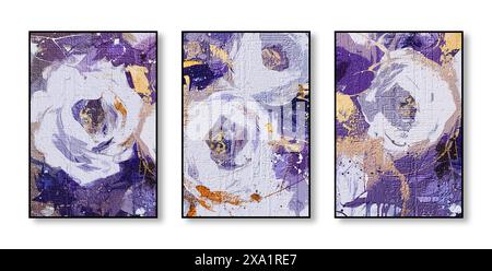 Mur de fond d'art élégant, combinaison de couleurs, art, aquarelle, fleurs, feuilles, géométrie, plantes, éléments dorés, abstrait, triptyque, texture, Banque D'Images