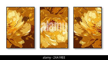 Mur de fond d'art élégant, combinaison de couleurs, art, aquarelle, fleurs, feuilles, géométrie, plantes, éléments dorés, abstrait, triptyque, texture, Banque D'Images