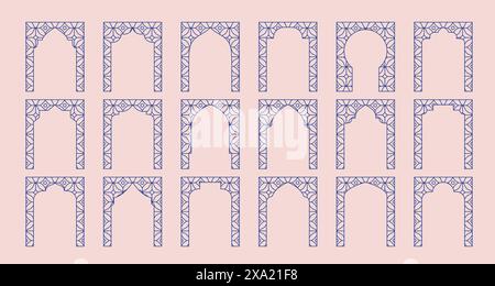 Cadre oriental arabe, arc, porte. Luxe bleu mince lignes musulmanes fenêtres, portes. Clipart vectoriel. Illustration de Vecteur