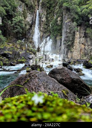 L'eau descend en cascade une falaise de montagne dans un ruisseau, avec des rochers au premier plan Banque D'Images