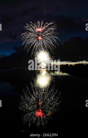 Des feux d'artifice colorés éclatent dans le ciel nocturne, projetant des reflets sur l'eau Banque D'Images