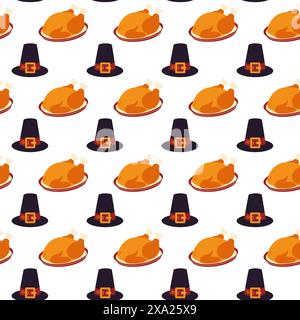Thanksgiving turquie sur un plateau et chapeau de pèlerin modèle sans couture dans les nuances de vacances à la mode isoler EPS Vector textile, impression, cartes, affiches, bannière, brochures, étiquette de prix, étiquette ou concept de conception web Illustration de Vecteur