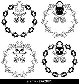 Cadenas en forme de crâne de conception vectorielle avec clés et chaînes de coupe, cercle avec chaîne et cadenas en forme de crâne pour donjons Illustration de Vecteur